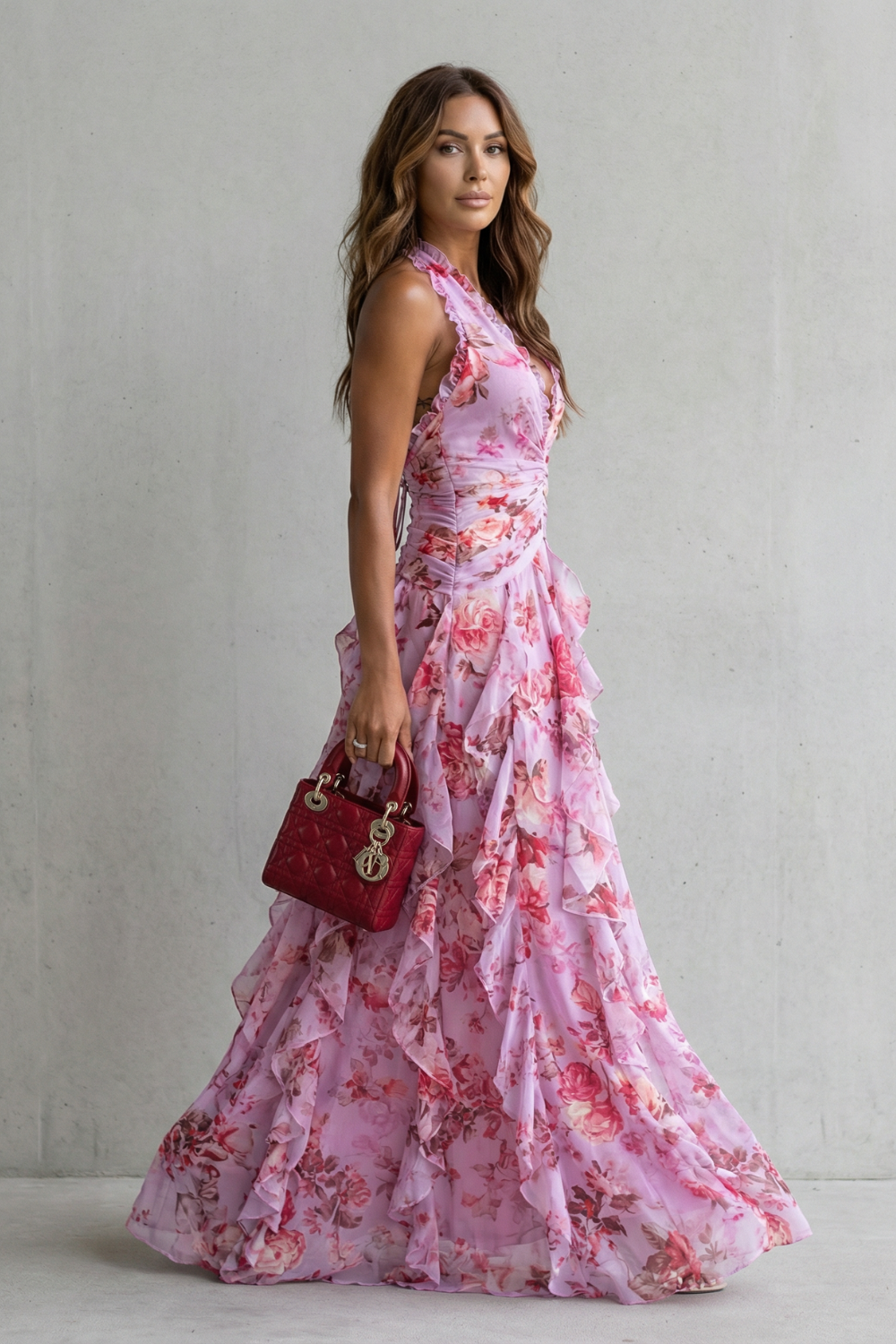 Belladina – Romantic rose cascade – Halter maxi dress - Seldom Seen Styles