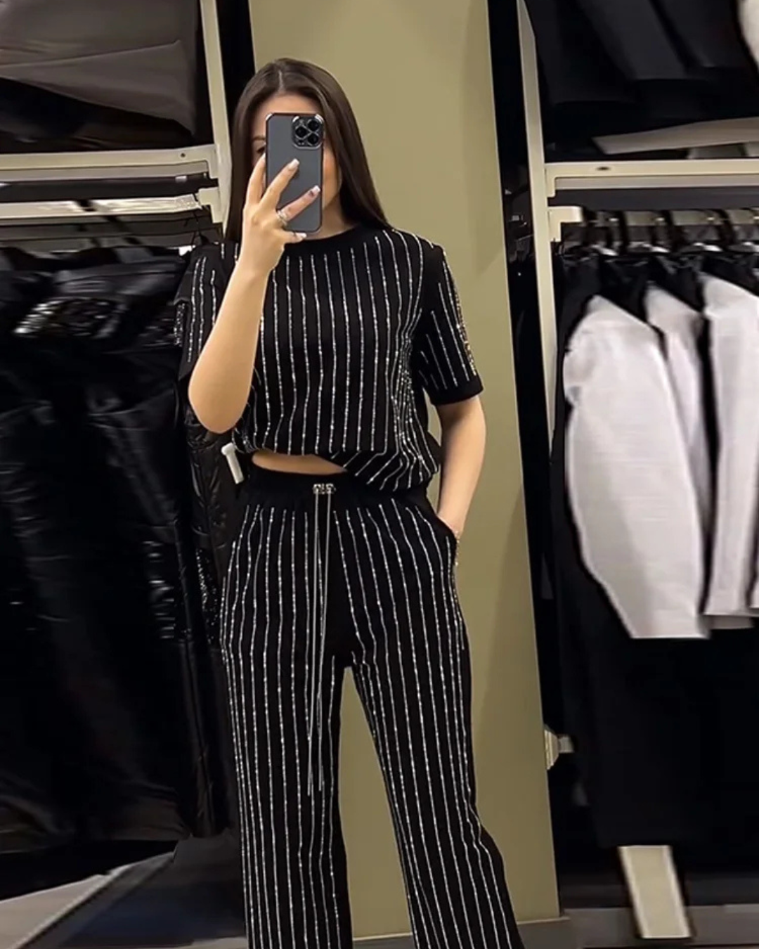 Women's Casual Solid Color Round Neck Hot Diamond Short Sleeve Two-Piece Suit Elegant Stripe 2 Piece Sets for Wome - Seldom Seen Styles