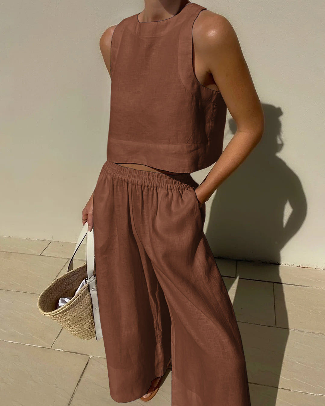 Women's Linen Two Piece Set Crop Top Wide Leg Pants Outfit - Seldom Seen Styles