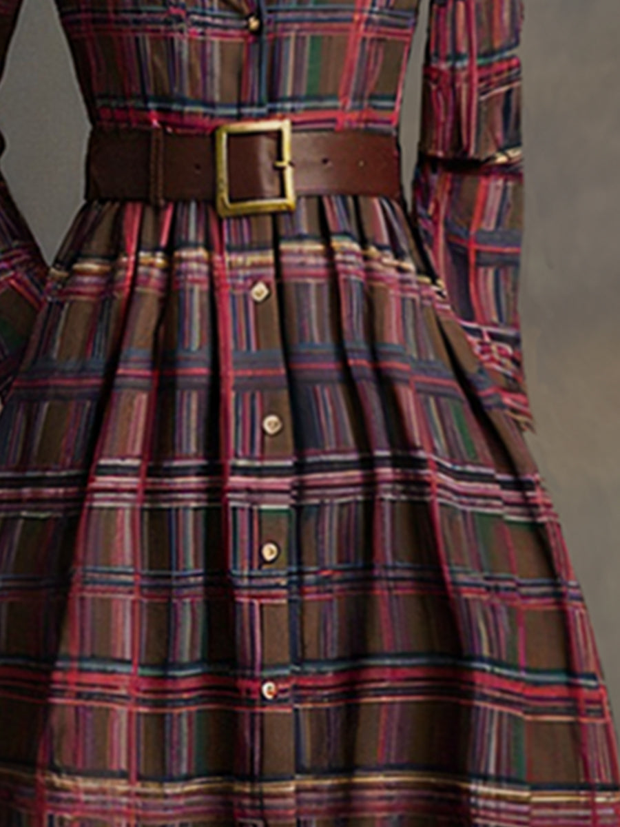 Retro Ethnic Style Lapel Reddish Brown Plaid Maxi Dress - Seldom Seen Styles