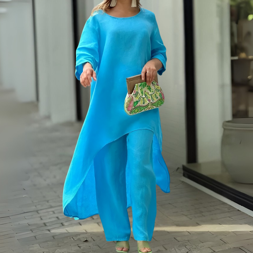 Womens Two Piece Set Dress Suit for Women Long Sleeve Cotton Linen Irregular Solid Crewneck Daily Wear Summer Set - Seldom Seen Styles