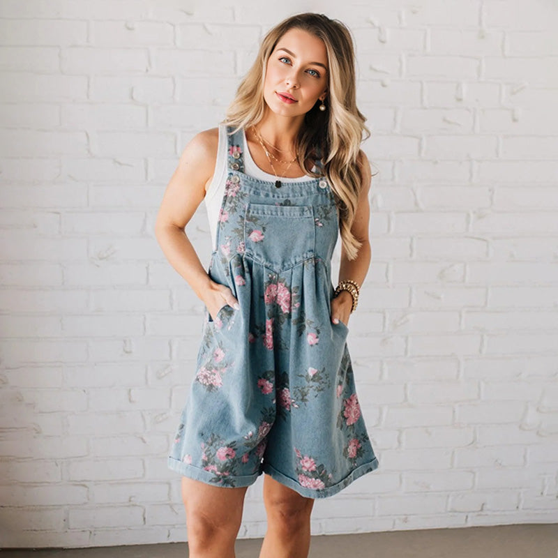 Women Casual Denim Bib Shorts Overalls Sleeveless Adjustable Straps Wide Leg Boho Floral Printed Baggy Rompers - Seldom Seen Styles