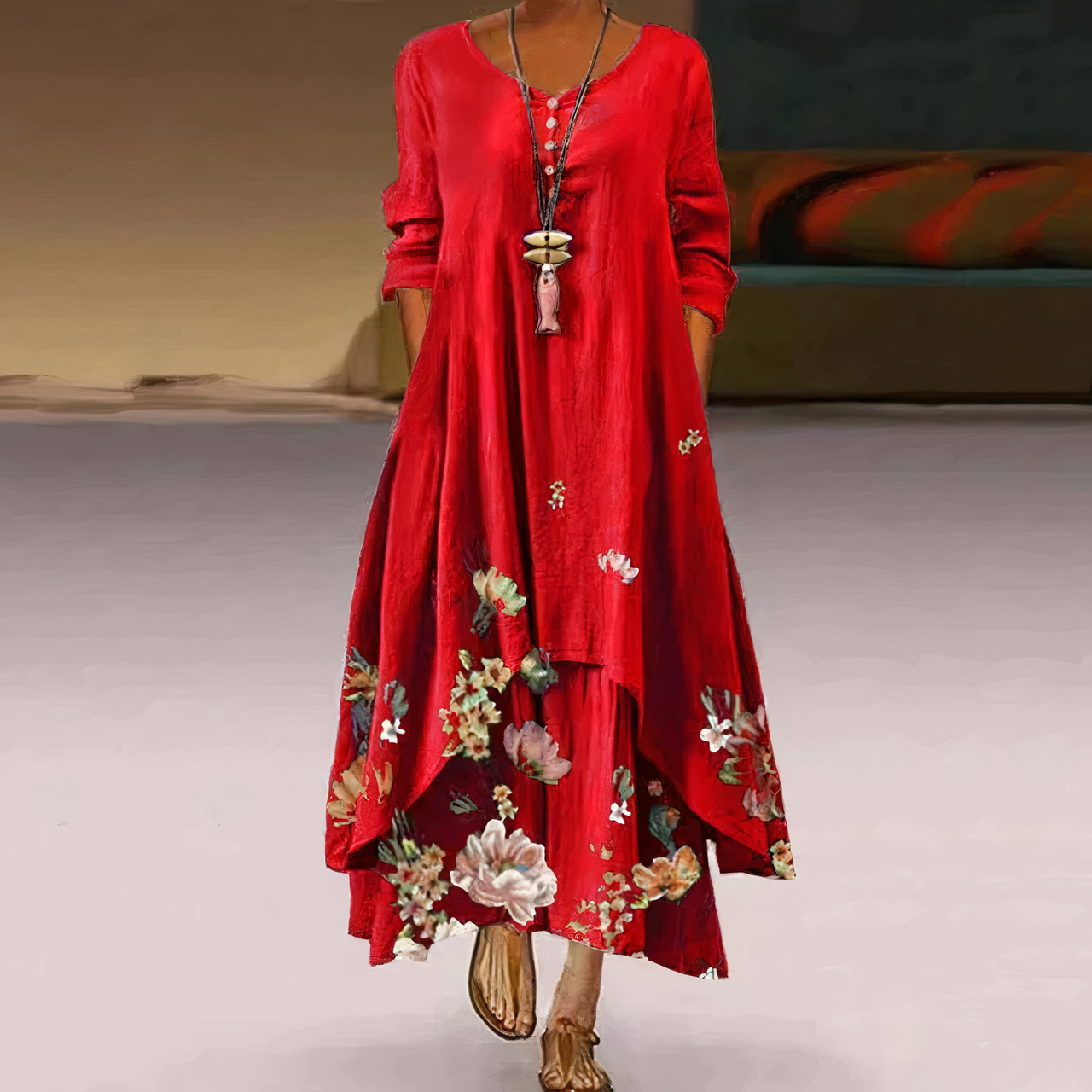Flora | Women's Floral Print Long Sleeve Loose Maxi Dress - Seldom Seen Styles