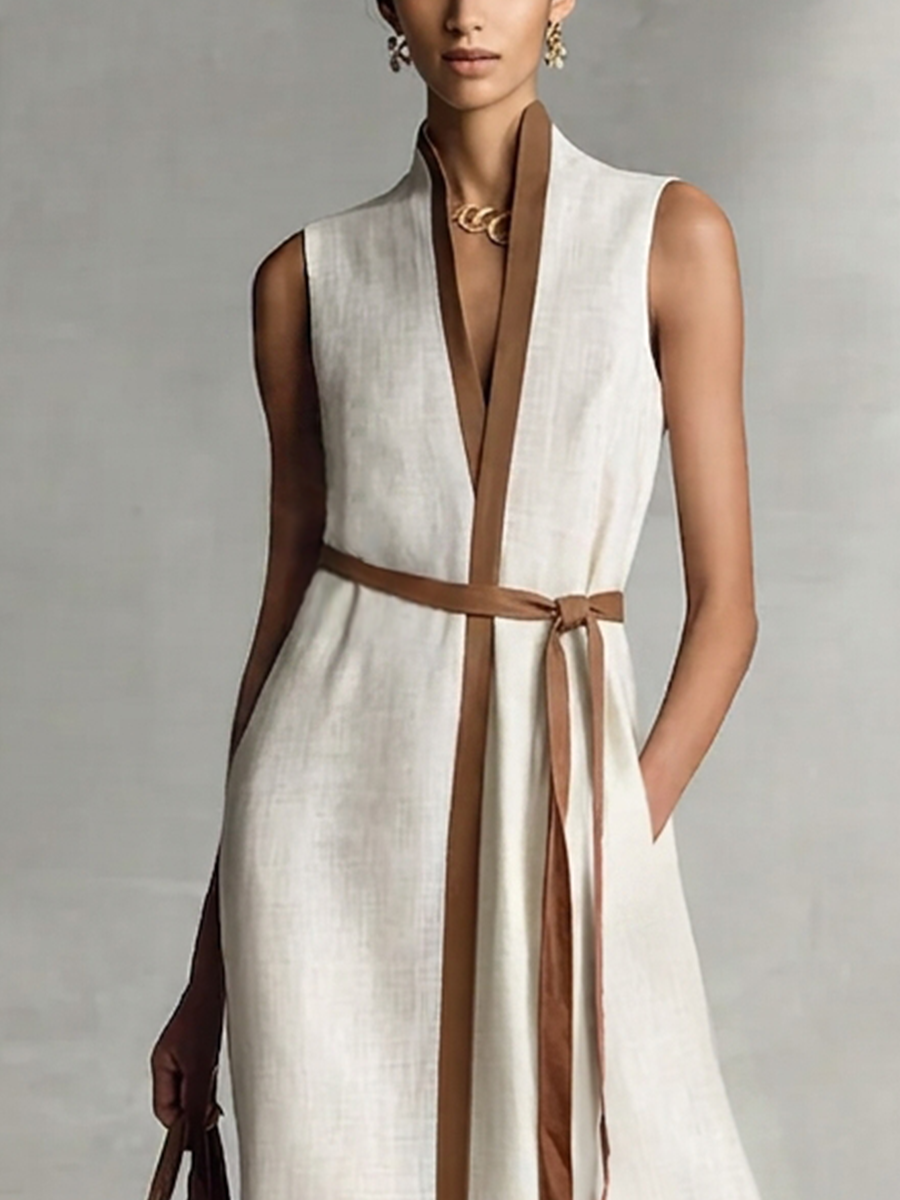 Women's Sleeveless V-Neck Tie-Waist Cotton Linen Maxi Dress MDZ1153B7BA - Seldom Seen Styles
