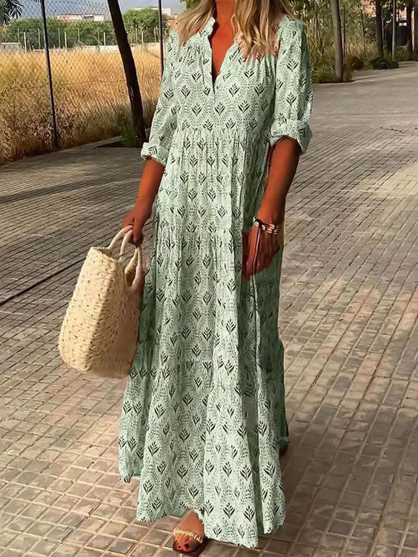 Lila Linen Blend Loose Floral V-Neck Long Sleeve Maxi Dress - Seldom Seen Styles