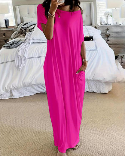 Women's Solid Color Batwing Sleeve Lounge Dress, Casual Comfy Baggy Nightdress