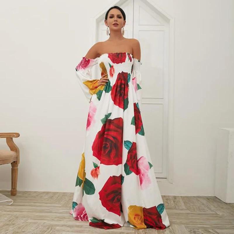 White Rose Floral Strapless Off Shoulder Sleeve Big Hem Long Dress - Seldom Seen Styles