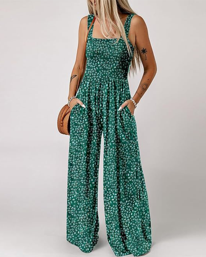 Women's Floral Smocked Wide-Leg Jumpsuit – Sleeveless Summer Romper with Pockets - Seldom Seen Styles