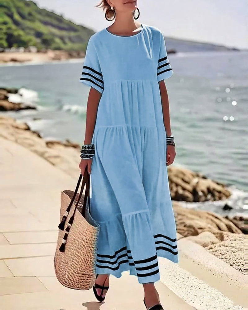 Summer Crew Neck Black Striped Loose A Line Sundress for Women with Short Sleeves Flowy Beach Patchwork Maxi Dresses - Seldom Seen Styles