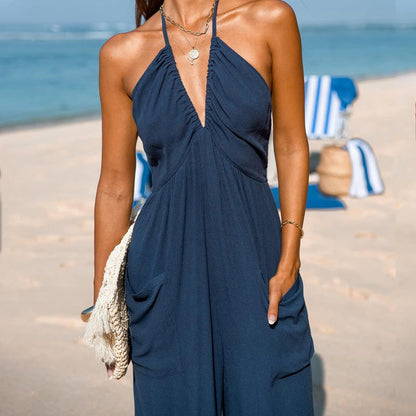 Women's Halter Neck Jumpsuit Deep V Backless Loose Fit Wide Leg Summer Beach Outfit