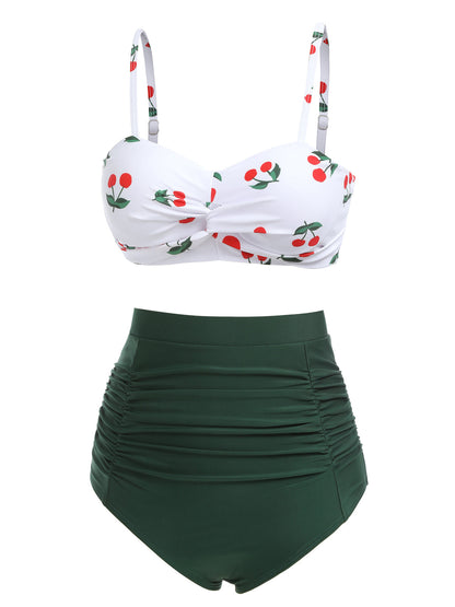 Ensemble bikini 2 pièces, bretelles spaghetti, motif cerises, style années 50
