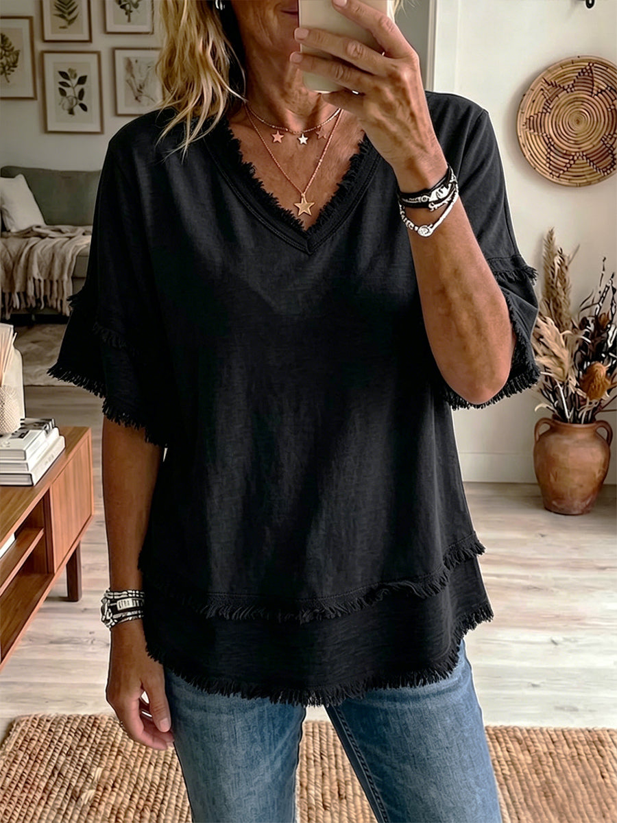 Women's Vintage Frayed V-Neck Linen Cotton Short Sleeve Top Casual Boho Summer Beach Vacation Outfit