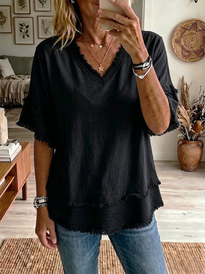 Women's Vintage Frayed V-Neck Linen Cotton Short Sleeve Top Casual Boho Summer Beach Vacation Outfit