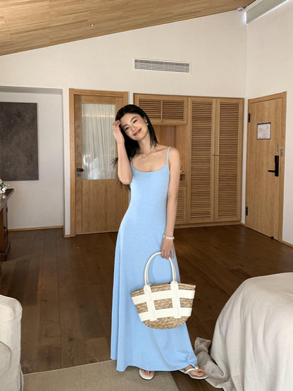 Solid Color Spaghetti Strap Maxi Dress with Built-in Non-Removable Bra Pad Dopamine Color Slim Fit Sleeveless Summer Dress