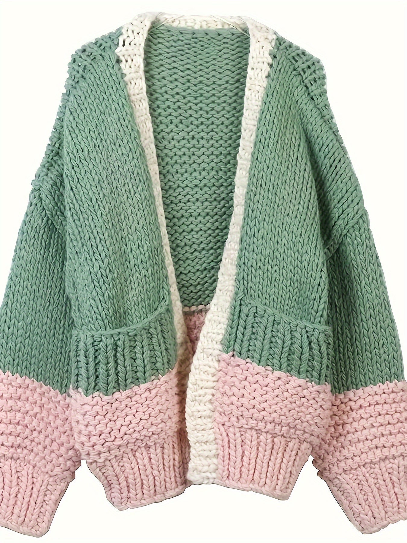 Grobstrick-Cardigan mit Farbblock-Optik und offener Vorderseite, lässiger Pullover mit überschnittenen Schultern und Tasche, Damenbekleidung