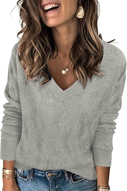 Womens Fall Tops 2024 Fashion V Neck Long Sleeve Shirts Blouse Knit Casual Pullover Sweater Cozy Clouds XS-3XL