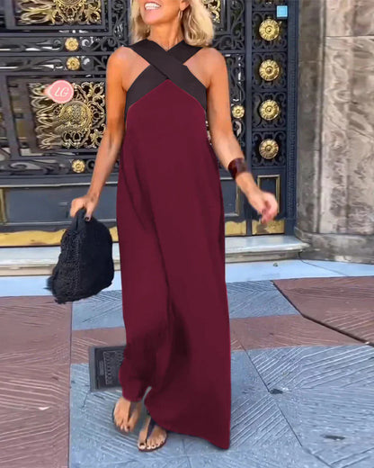 Women's Cross Halter Neck Sleeveless Stitching Dress