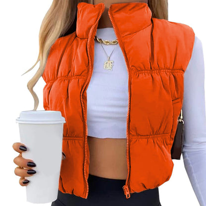 Women's Sleeveless Puffer Vest Zip-Up Stand Collar Trendy Cozy Cropped Outerwear for Stylish Layering