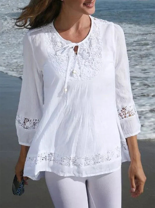 Casual Crew Neck  3/4 Sleeve Lace Shirt