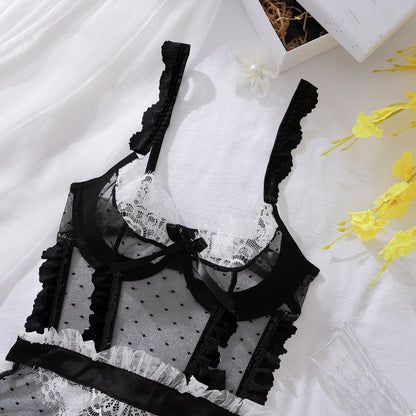 Sexy Color-Block Mesh See-Through Lingerie Hollow Out Backless No-Remove Temptation Erotic Bodysuit with Underwire