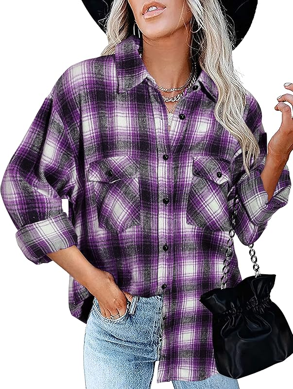 BTFBM Women Shacket Jacket Long Sleeve Button Down Casual Plaid Flannel Shirts Loose Fall Spring Blouses Tops