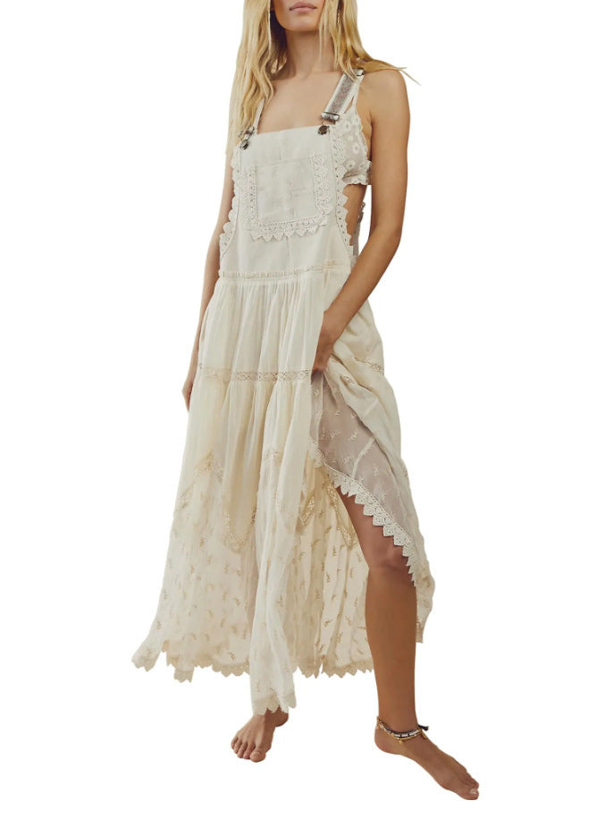 Women's Summer Laced Embroidered Tulle Bib Beachwear Dress Casual Comfortable Loose Adjustable Straps Maxi Dress Fabric Womenswear - Seldom Seen Styles