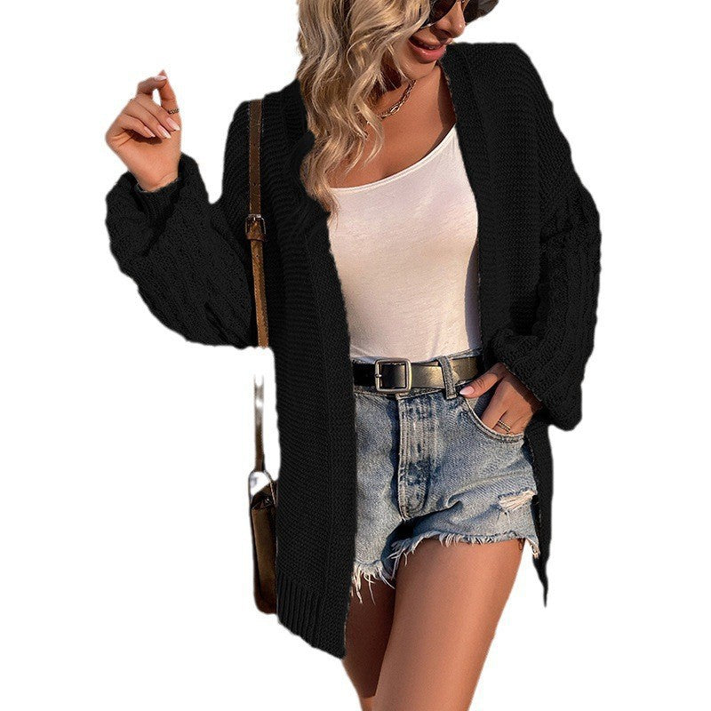 European and American Foreign Trade Lantern Sleeve Sweater Women's Coat2024Autumn and Winter New Loose Mid-Length Knitted Cardigan without Buckle