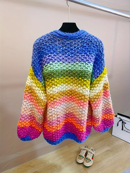 Rainbow Striped Chunky Knit Cardigan, Casual Drop Shoulder Loose Sweater For Fall & Winter, Women's Clothing