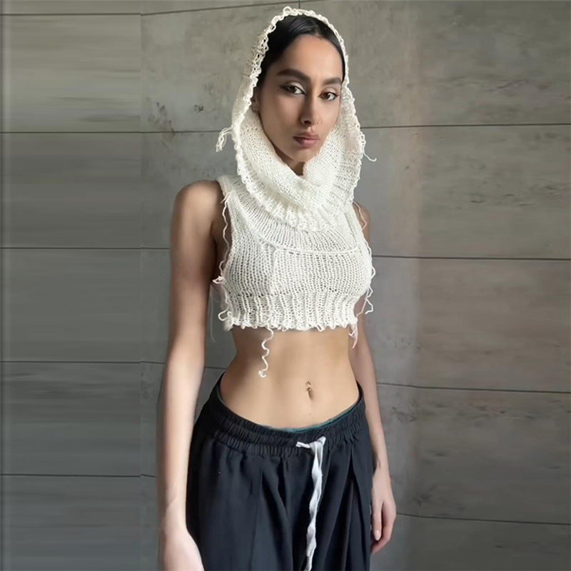 Europe and america cross border2022Autumn Fashion Women's Fashion Clothing New Hooded Sleeveless Midriff-Baring Knitted Solid Color Inner Wear Sweater