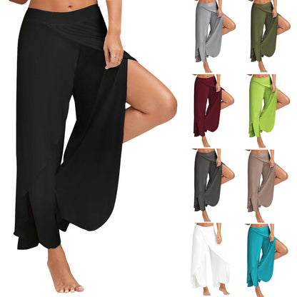 Pantalon de yoga fluide fendu pour femme, sarouel à fente haute, grande taille, pantalon de détente à jambes larges, pantalon ample pour la plage et l'été