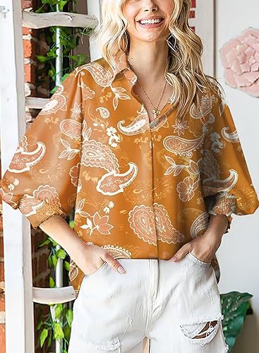 Astylish Women 2024 Loose V-Neck Shirts Paisley Print Lantern Sleeve Blouse Tops