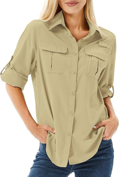 Women's UPF 50 Long Sleeve Sun Protection Shirts Safari Fishing Hiking