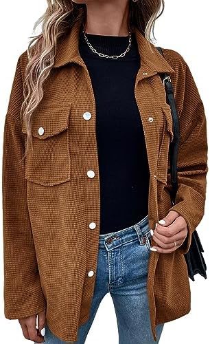 Astylish Damen Shacket-Jacke mit Waffelstrick, lang, übergroß, lässige Blusen, Button-Down-Kragen, elegante Hemden 