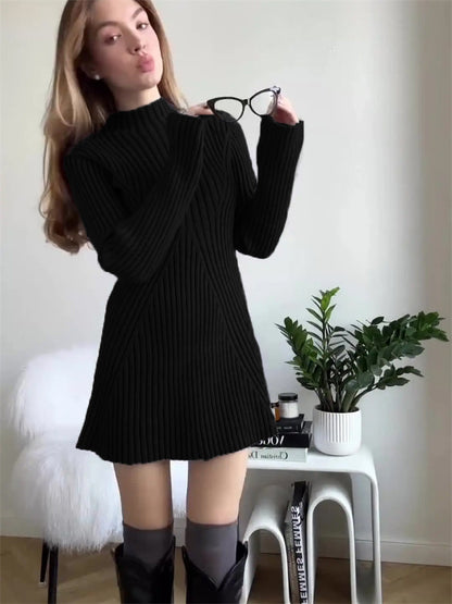 Women's Long Sleeve Skinny Knit Dress2023Half Turtleneck Base Narrow Solid Color Short Temperamental Fall/Winter Sweater Dress