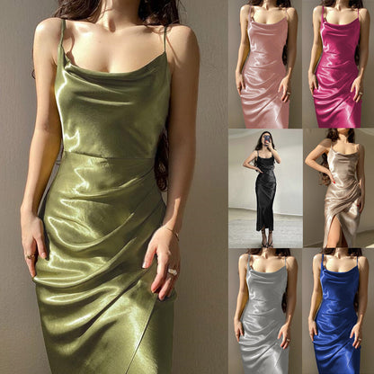 2024European and American Hot Girl Style Sexy Low-Cut Satin Split Sling Dress New Slim Backless Long Dress