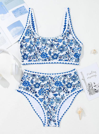 Women's Bikini Sets Floral Print Whip Stitch 2 Piece Swimsuits High Waisted Scoop Bathing Suits - Seldom Seen Styles