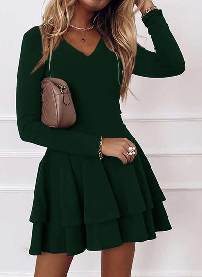 Patchwork Hem Women's Long Sleeve Dress Autumn New Solid Color Street Hipster Mid Waist Pullover