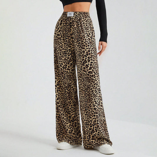 Women's Letter Leopard Print Straight Leg Pants Elastic Waist Y2K Trousers Bottoms with Pockets - Seldom Seen Styles