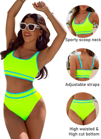 Women's High Waisted Bikini Sets Sporty Two Piece Swimsuits Color Block Cheeky High Cut Bathing Suits - Seldom Seen Styles