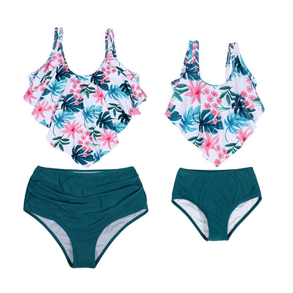 Family Matching Swimwear Mother Daughter Women Kids Girls Floral Green Leaves Printed Bikini Two-Piece Swimwear Suits - Seldom Seen Styles