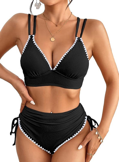 Women's Bikini Sets Two Piece Swimsuit V Neck High Waisted Ruched Tummy Control 2025 Summer Bathing Suit - Seldom Seen Styles