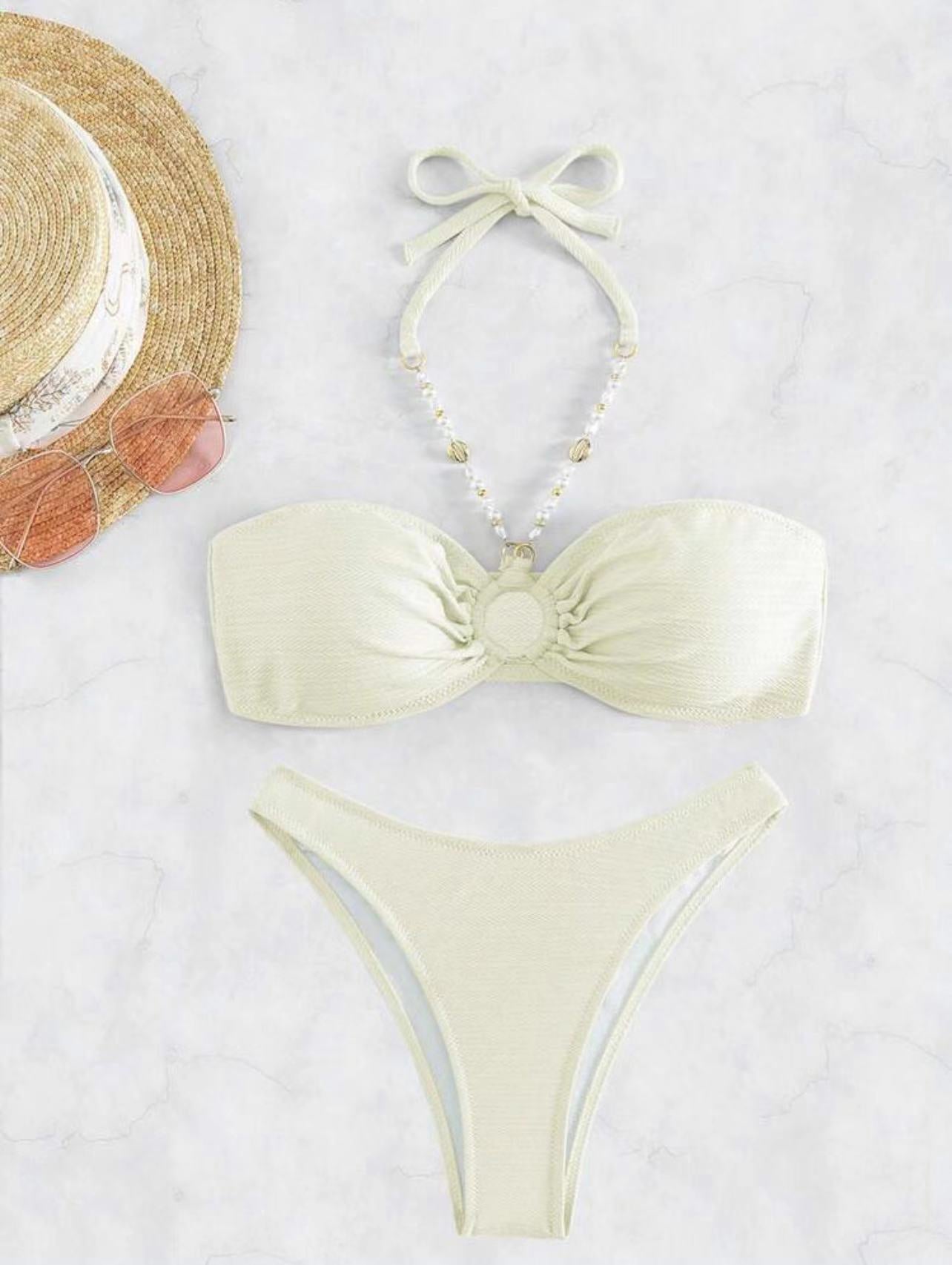 white pearl bathing suit pearl Chain bikini set Solid Color Halter Neck Women's Beach bikini - Seldom Seen Styles