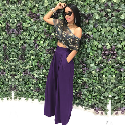 Women's Plain Plicated Pocket Wide Leg Pants, Casual Comfy High Waist Trousers for Summer, Ladies Bottoms for Daily Wear