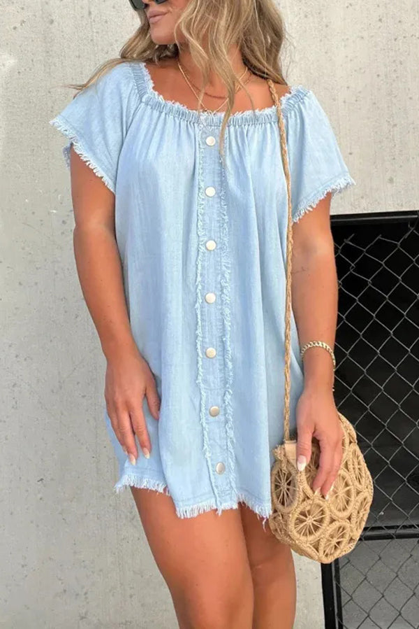 Fashionable Off Shoulder Short-sleeved Loose Denim Mini Dress - Seldom Seen Styles