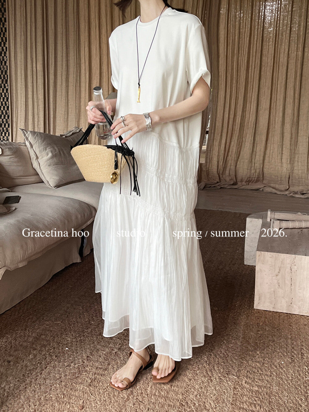 Cotton T-Shirt Spliced Mesh Tiered Ruffle Maxi Dress Patchwork A-Line Elegant Casual Summer Dress White Black - Seldom Seen Styles