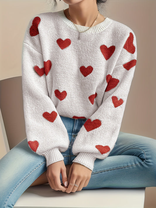 2024New Korean Style Loose Versatile Casual Love Pattern round Neck Drop Shoulder Oversleeve Sweater