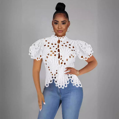 Women’s Sexy Ruffle Long Sleeve Summer Lace Tops 2024 Puff Flare Shirt V Neck Hollow Out Button Down Tunic Blouses