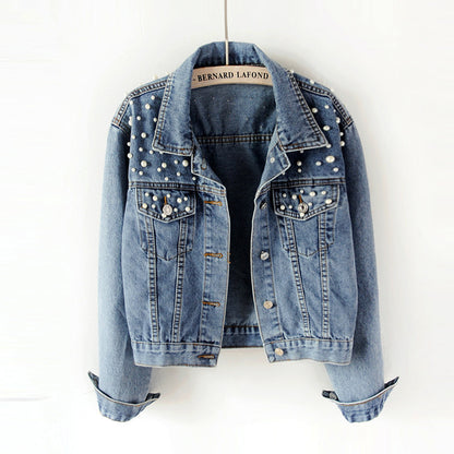 Women's Fashion Loose Embroidered Pearls Beading Cropped Denim Jacket Jean Coat