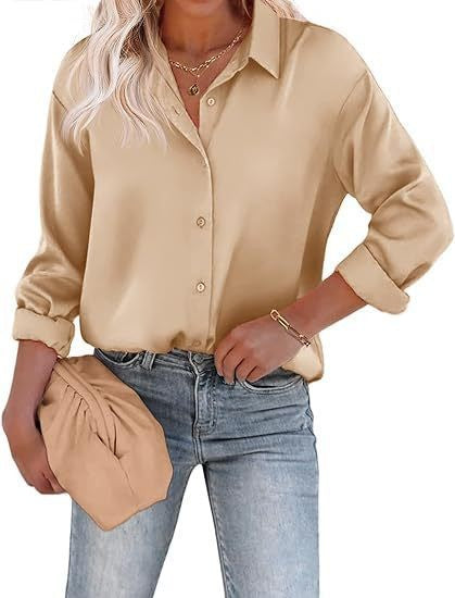 Women's Blouse Satin Shirts Button Down Shirts Casual Loose Long Sleeve Office Work Tunic Tops