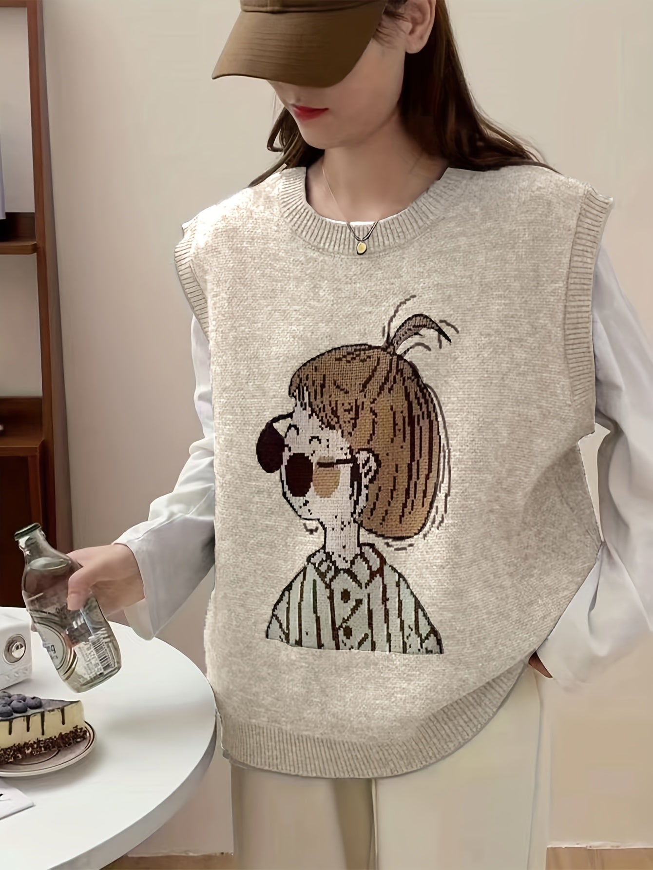 Cartoon Girl Mönster ärmlös väst, Casual Crew Neck Ribbstickad tröja väst för hösten, damkläder